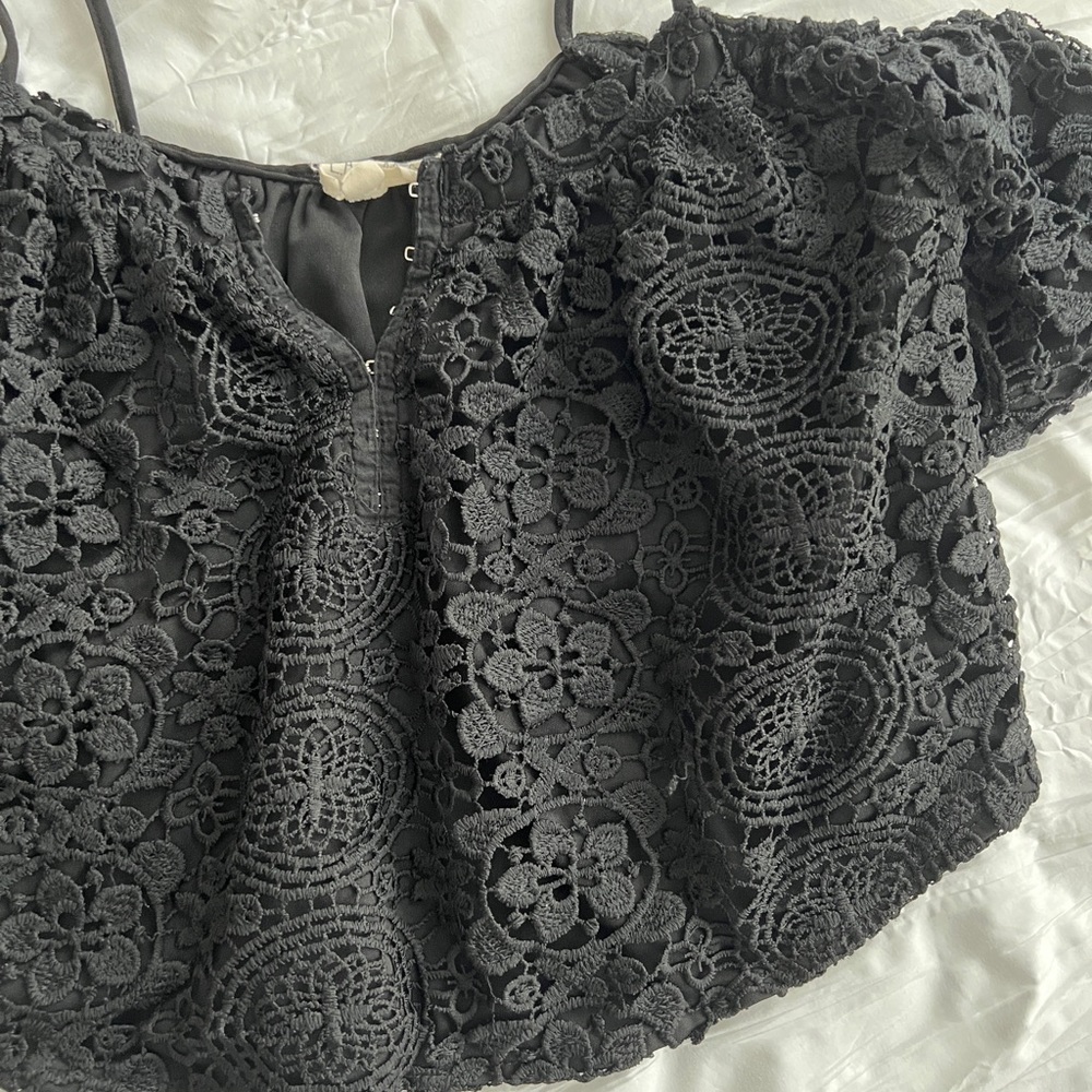 La Hearts off the shoulder lace crop top